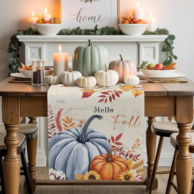 Thanksgiving Fall Cotton Linen Table Runner for Dining Kitchen, Blue Pumpkins Rustic Wedding Outdoor Party Autumn Tablerunners Decoration, Leaves Dresser Scarf Coffee Tablecloth Runners 13x108 Inches