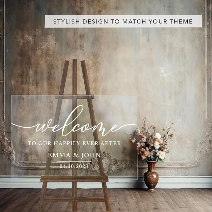 Andaz Press Custom Large Wedding Acrylic Sign, 16 x 24 Inches, Happily Ever After, Personalized Sign, Welcome Sign For Modern Wedding Theme Wedding Decorations