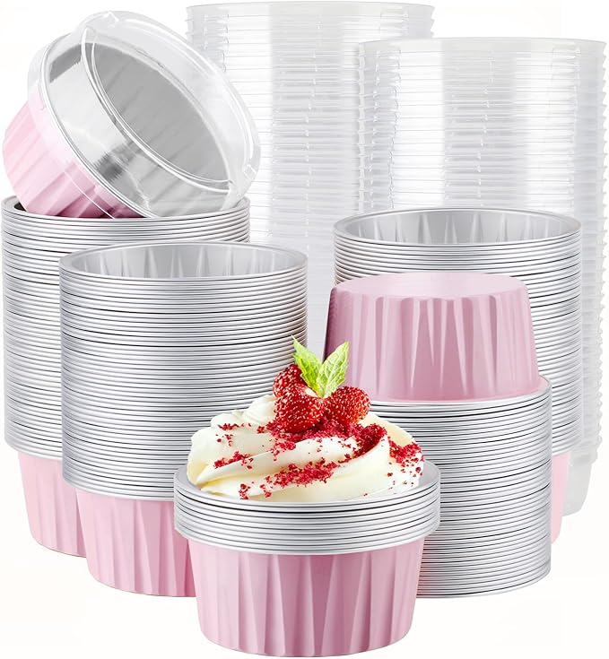 Baking Cups with Clear Lids, Pink Aluminum, 200 Count, 5 oz