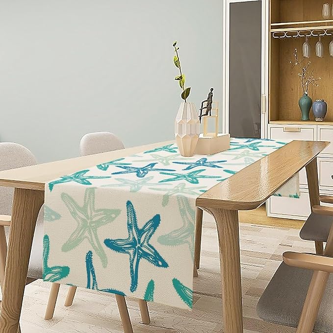 Starfish Plaid Table Flag Green Plaid and Marine Life Starfish Kitchen Table Flag Suitable for Birthday Party Restaurant Decoration Outdoor Picnic 13 * 120 Inch