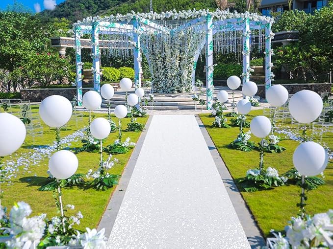 Sequin Aisle Runner, White, 3 x 15 Ft Rectangular for Weddings
