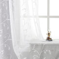 VISIONTEX White Leaves Sheer Voile Curtains, Decorative Embroidery Rod Pocket Window Drapes for Home Living Room and Bedroom 54 x 84 Inch, Set of 2 Curtain Panels