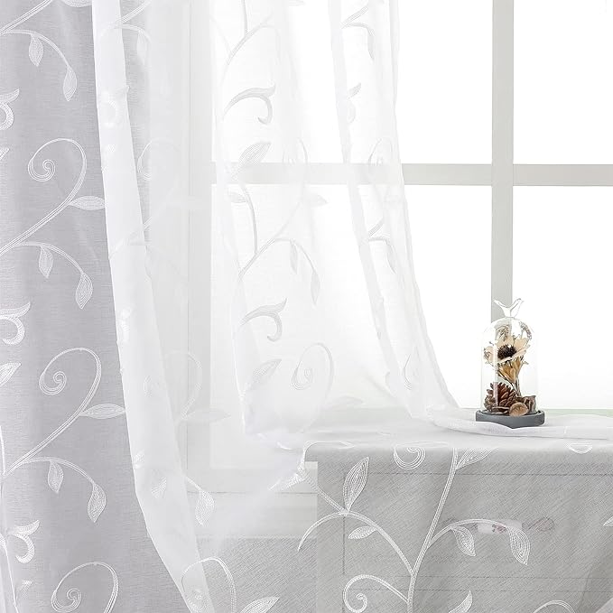 VISIONTEX White Sheer Voile Curtains, Decorative White Embroidery Faux Linen Rod Pocket Window Drapes for Home Kitchen, Living Room and Bedroom 54 x 108 Inch, Set of 2 Curtain Panels