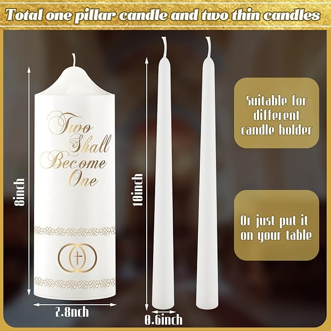 Taper Candles Set of 3 White Wax Unity Candles with Cross Design