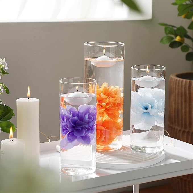 Vase Fillers: 24 Purple Floating Flowers and White Floating Candles