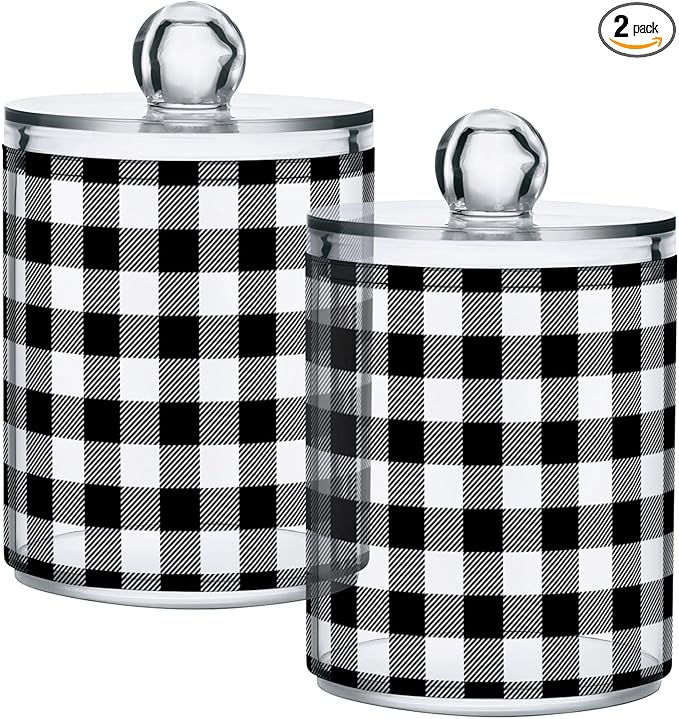 Gredecor Qtip Holder Dispenser 2 Pack Black White Classic Buffalo Plaid Bathroom Decorative Storage Canister Holder Counter Vanity Organizer for Cotton Ball Swabs Pads Floss