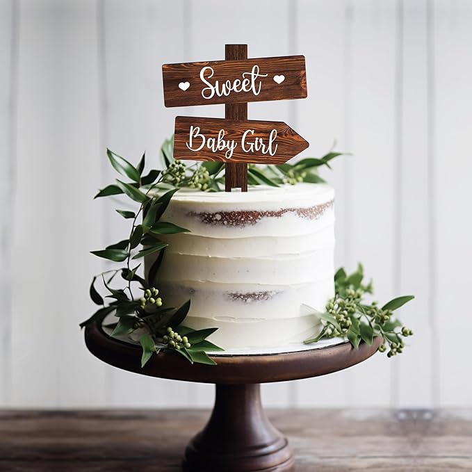 Cake Topper, Wood Baby Girl Design, 5.3 x 7.3 Inch Rustic Party Decor