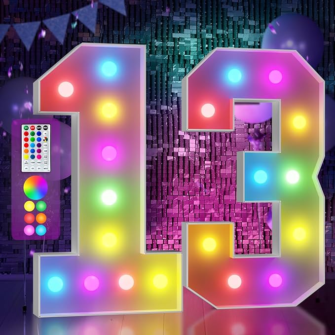 Light Up Number 13 Birthday Decoration with Remote, 16 Colors