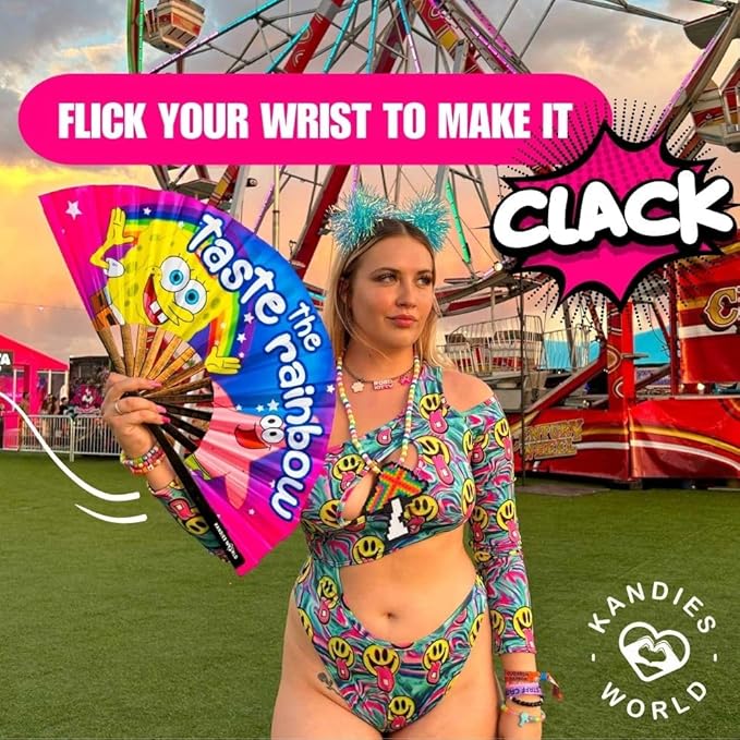 Kandies World UV Reactive Custom Festival Folding Hand Fan - Unique Designs, Made of Bamboo, Clacking Sound, Lightweight - Perfect Rave and Festival Accessory!