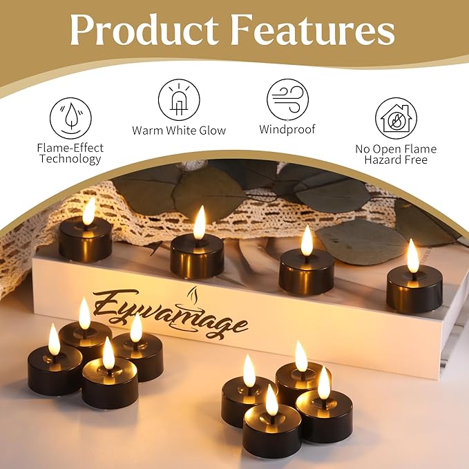 Flameless Tealight Candles, Black with Warm White LED Glow and Timer