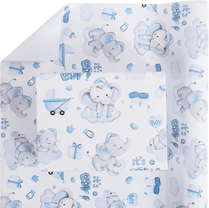 Aimyoo Blue Baby Shower Wrapping Paper Roll - 17 Inch X 16.4 Feet - Cute Elephant with It‘s A Boy Letter Design Perfect for Boys, Birthday, Party