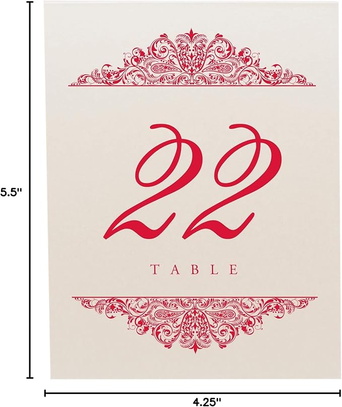 Table Number Cards with Red Paisley Design, Numbered 1-150
