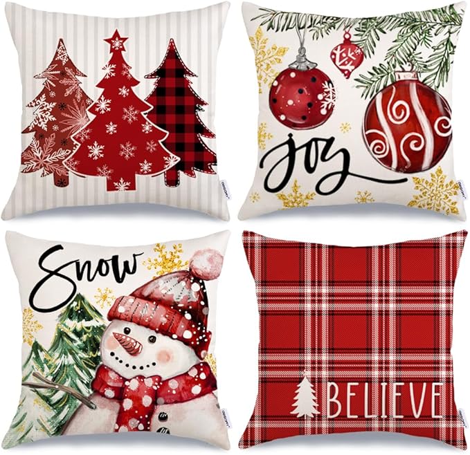 GEEORY Winter Christmas Throw Pillow Covers 16 x 16 Inch Set of 4, Xmas Trees Snowflake Snowman Joy Holiday Farmhouse Decorative Cushion Cases for Home Decoration G583-16