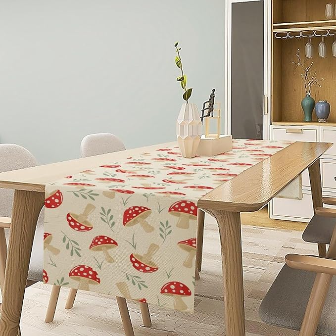 Mushroom Table Runner,Vintage Plant Print Table Runner for Kitchen Dining Table Home Party Decoration 13x36 Inch