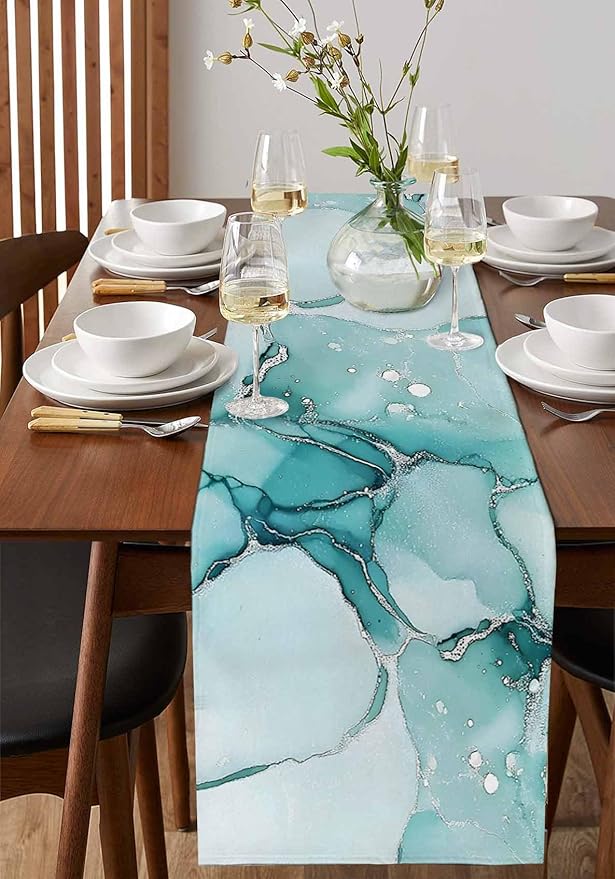 Turquoise Marble Cotton Linen Table Runner for Dining Kitchen, Wedding Outdoor Party Tablerunners Decoration, Nature Marble Crack Country Retro Dresser Scarf Coffee Tablecloth Runners 13x90 Inches