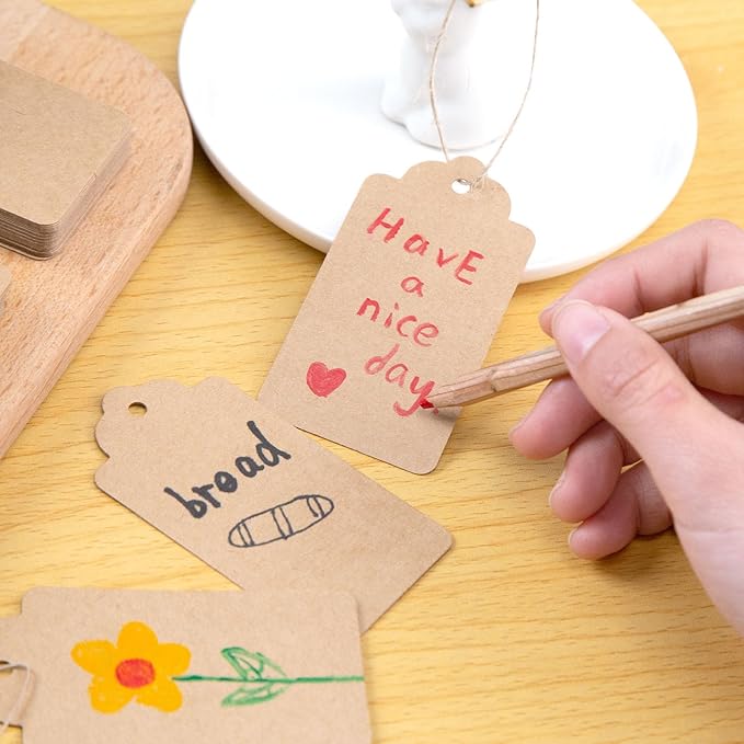 SallyFashion 300pcs Gift Tags with String Attached, 1.7 x 2.8 inch Kraft Paper Hang Tags for Clothes DIY Crafts Wedding Holiday (Brown)