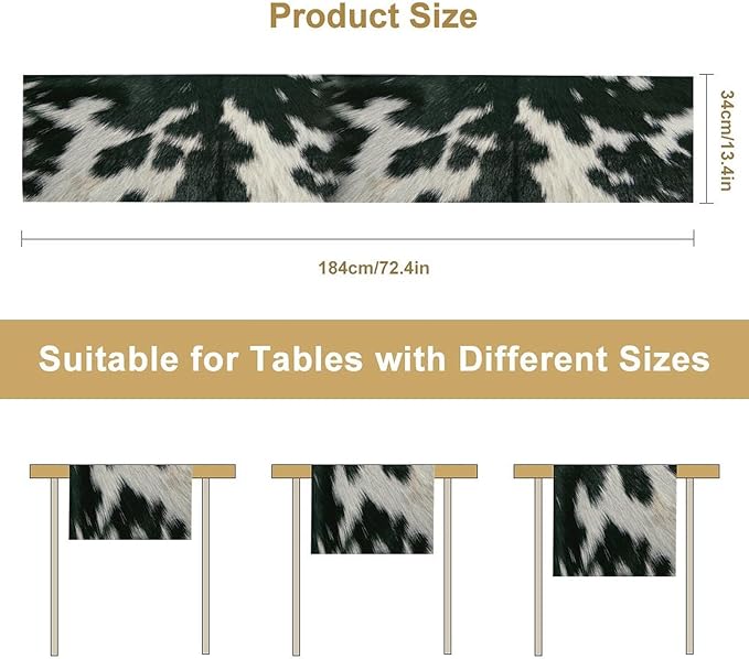 Cow Skin Print Table Runner, Rustic Country Farm Fur Skin Cowhide Pattern Western Style Black White Print Table Runner for Home Kitchen Dinning, 13x70 Inch