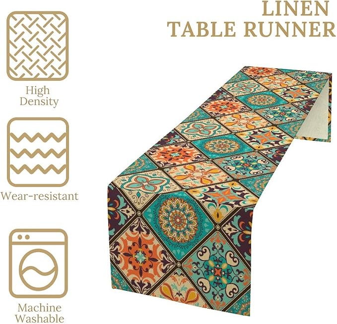 Bohemian Patchwork Table Runnerboho Colorful Tile Patchwork Indian Floral Print Table Runner for Home Kitchen Indoor Outdoor Party Wedding Decor, 13x60inch