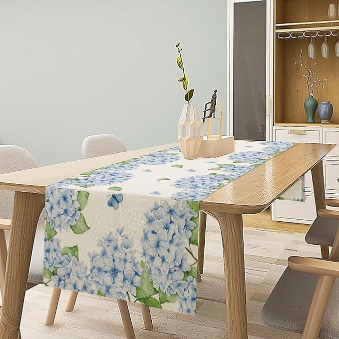 Watercolor Hydrangea Flower Table Runner, Spring Summer Seasonal Plants Butterfly Blue Dinner Runner for Home Kitchen Dining Table Party Holiday Decoration 13"x120"