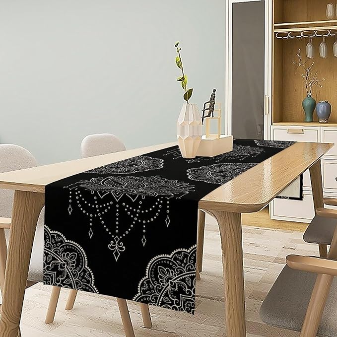 Lotus Flower Table Runner, Bohemian Ethnic Oriental Mandala Black White Floral Print Table Runner for Home Kitchen Dining Indoor Outdoor Dinner Party Decor, 13x60inch