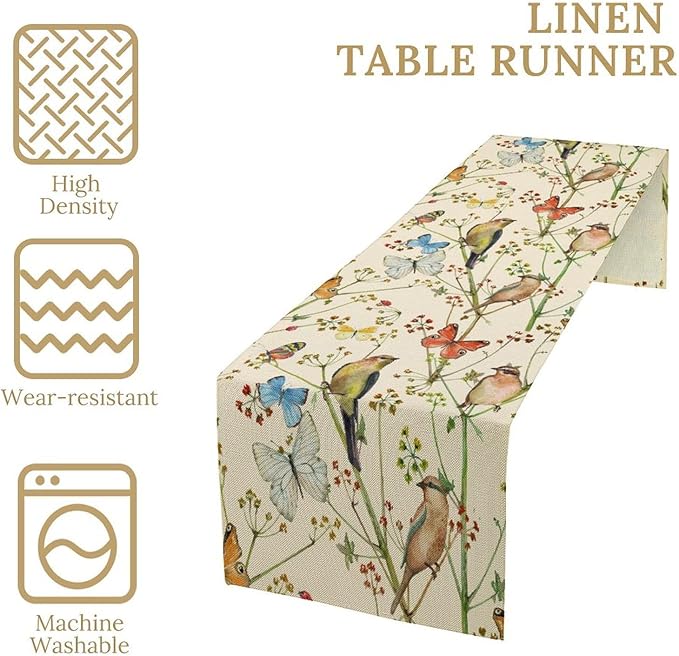 Brown Bird Floral Table Runner Spring Flower Kitchen Table Decoration Suitable for Family Dinner Decoration 13x90 Inch