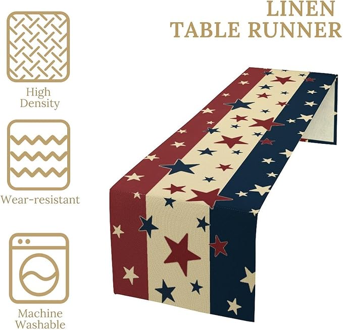 Memorial Day Table Runner, 4th of July American Patriotic Independence Day Stars Stripes Print Table Runne for Summer Holiday USA Home Decoration Party,13x36inch