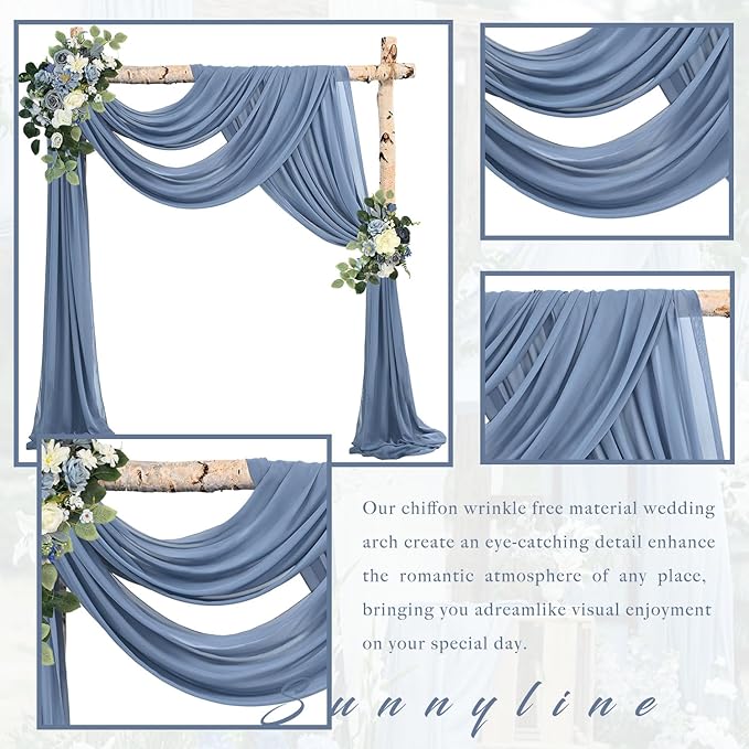 Wedding Arch Draping Fabric - Dusty Blue Chiffon, Set of 4 Panels, 20 Ft Length
