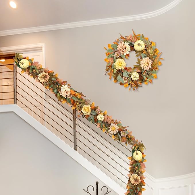 Garland with Pumpkins, Maple Leaves and Flowers, 72 Inch Fall Plastic