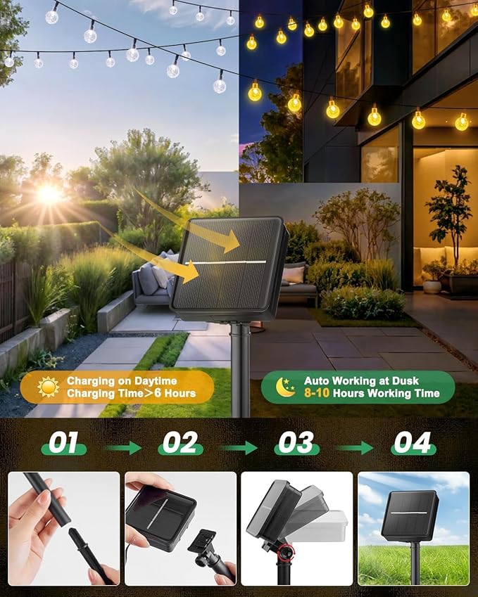 String Lights Solar Powered 36 FT with 60 LEDs, 8 Modes, Warm White