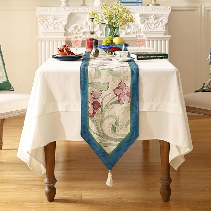 patdrea Designer Elegant Bright Linen Table Runner 71 Inch Long, Mauve Iris Floral Pattern Table Mat, Decoration for Kitchen Dining Table Coffee Table Shelf Cabinet Banquet Christmas ,12"*71"
