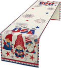 Cute Patriotic Gnomes Table Runner, American Independence Day 4th of July Gnome Blue Red Fireworks Confetti Print Table Runner for Home Kitchen Dining Table Party Decor, 13x108inch