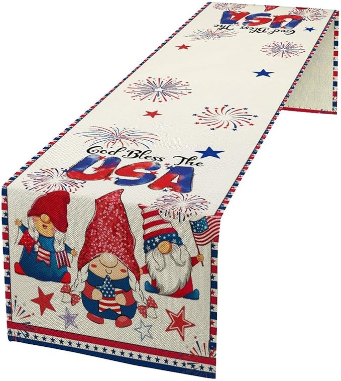 Cute Patriotic Gnomes Table Runner, American Independence Day 4th of July Gnome Blue Red Fireworks Confetti Print Table Runner for Home Kitchen Dining Table Party Decor, 13x108inch