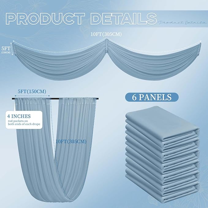 6 Panels Dusty Blue Ceiling Drapes for Wedding 5ftx10ft Ceiling Drapes Wedding Arch Draping Fabric Cheesecloth Sheer Curtain Romantic Ceiling Decorations for Weddings Party Banquet Ceremony Stage