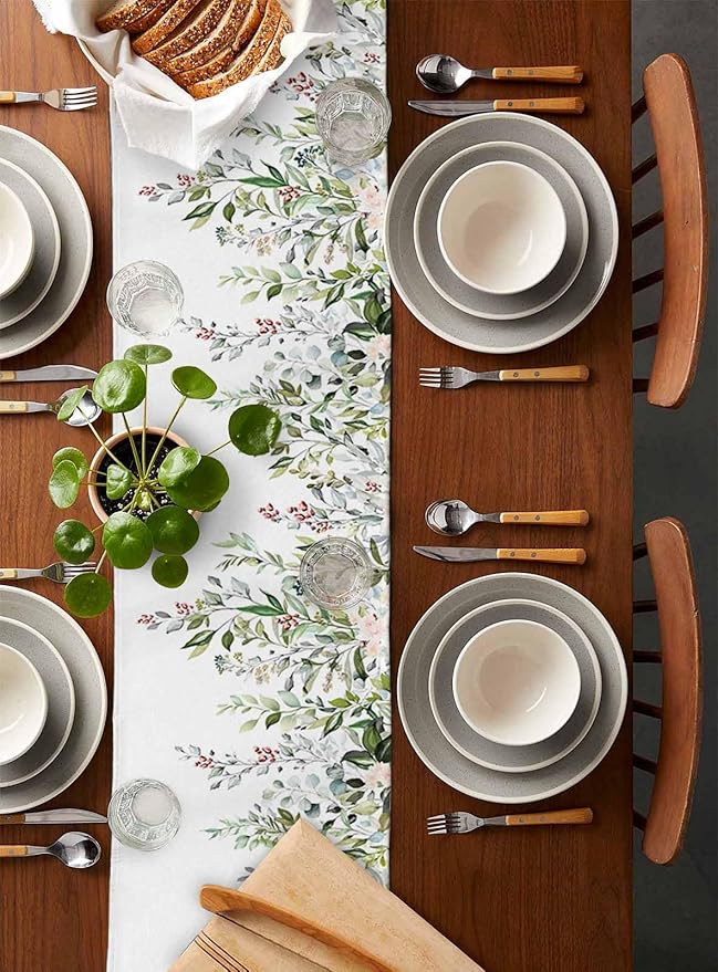 Botanical Eucalyptus Cotton Linen Table Runner for Dining Kitchen, Wedding Outdoor Party Tablerunners Decoration, Sage Green Leaves Elegant Floral Dresser Scarf Coffee Tablecloth Runners 13x90 Inches