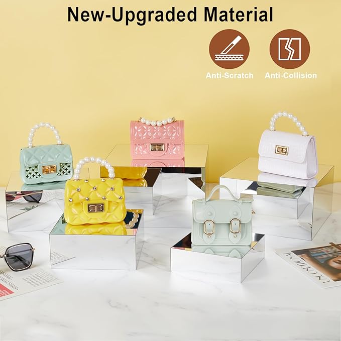 Acrylic Risers for Display 5 Pcs, Food Risers for Party Silver Acrylic Risers Display Stands Acrylic Box Nesting Display Risers for Jewelry Bag Cosmetics Catering Dessert Collectibles