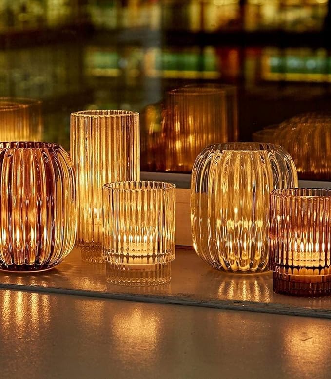Serene Spaces Living 5in Clear Ribbed Glass Votive Holder, Decorative Centerpiece for Wedding, Christmas, Thanksgiving, Dining Table, Living Room, Home Décor, 3.5" Diameter & 5" Tall, Pack of 24