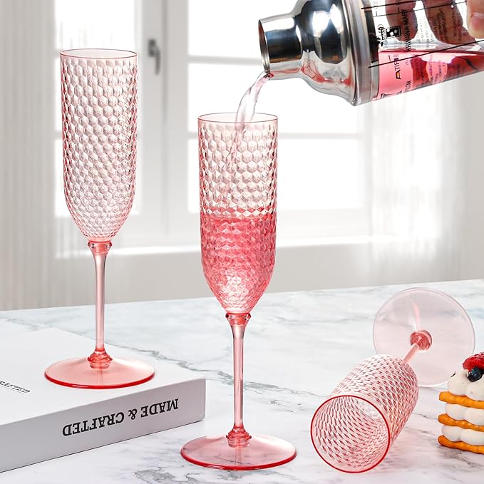 Champagne Glasses 24 Pack Pink Detachable Plastic Flutes 5.5 Oz