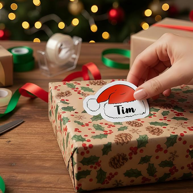 Personalized Christmas Stickers, Custom Name Waterproof Christmas Gift Tags for Gift Box Holiday Decorations, Stockings, Party Favors (Cute Santa Hat)