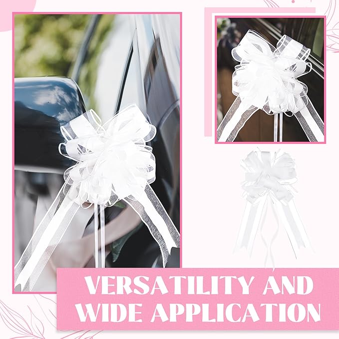 Gift Wrap Bows, 24 White Pull Bows with Ribbon for Weddings and Parties