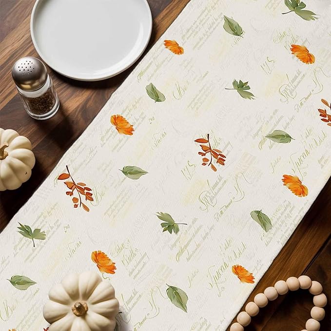 Fall Wildflowers Cotton Linen Table Runner for Dining Kitchen, Thanksgiving Pumpkin Outdoor Party Rustic Tablerunners Decoration, Botanical Floral Vintage Dresser Scarf Tablecloth Runners 13x48 Inches