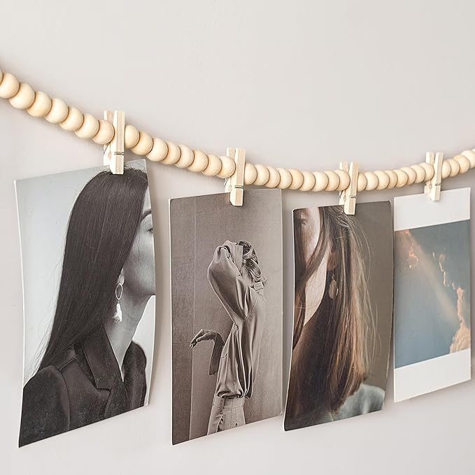 Mkono Hanging Photo Display with Clips, Boho Wooden Bead Garland Banner, Collage Card Picture Kids Art Holder String with 10 Clips for Christmas Bedroom Dorm Decor, Teen Girl Gifts, Brown, 2 Pack