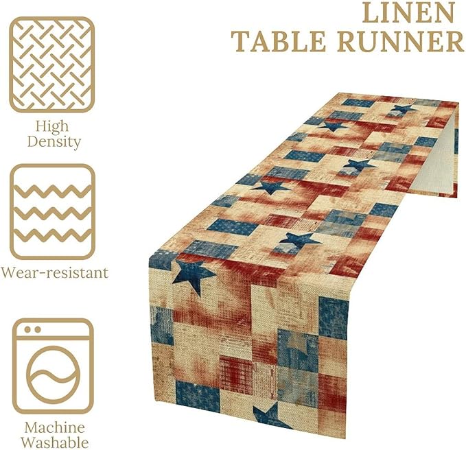 4th of July Table Runner, Rustic Vintage Country Red White Blue American Stars Independence Day Print Table Cover for Farmhouse Kitchen Dining Table Decor, 13x120inch