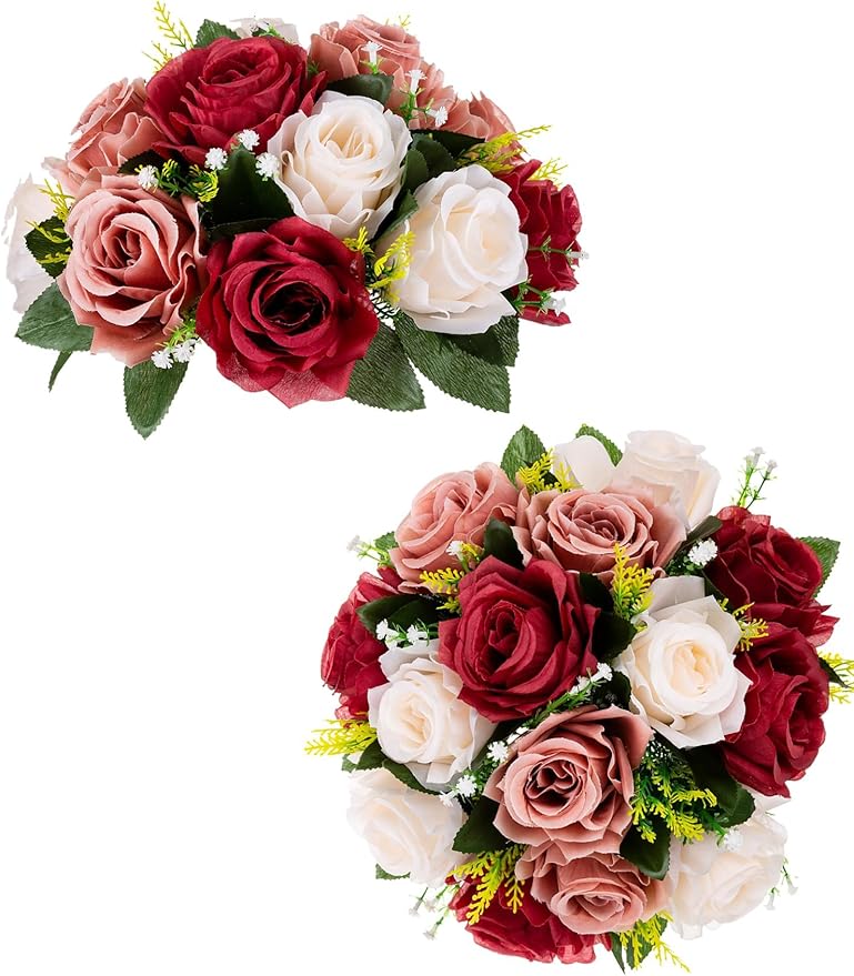 BLOSMON Flower Centerpieces Decoration for Table: 2 Pcs Burgundy & Dusty Rose & Creamy White Fake Roses Kissing Flower for Wedding - Artificial Silk Floral Arrangements Home Party DIY Decoration