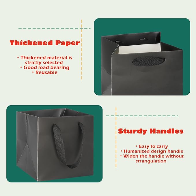 Gift Bags, 12x12 Inch Black Square Bottom Paper Bags with Handles, Pack of 10