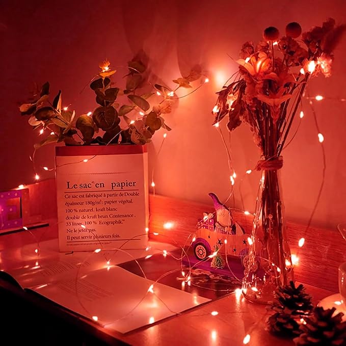 100 Pack Red Fairy Lights 7Ft 20 LED Twinkle String Lights 3 Modes Battery Operated Waterproof Firefly Starry for Mason Jar Party Wedding Christmas Valentines Day Table Centerpieces