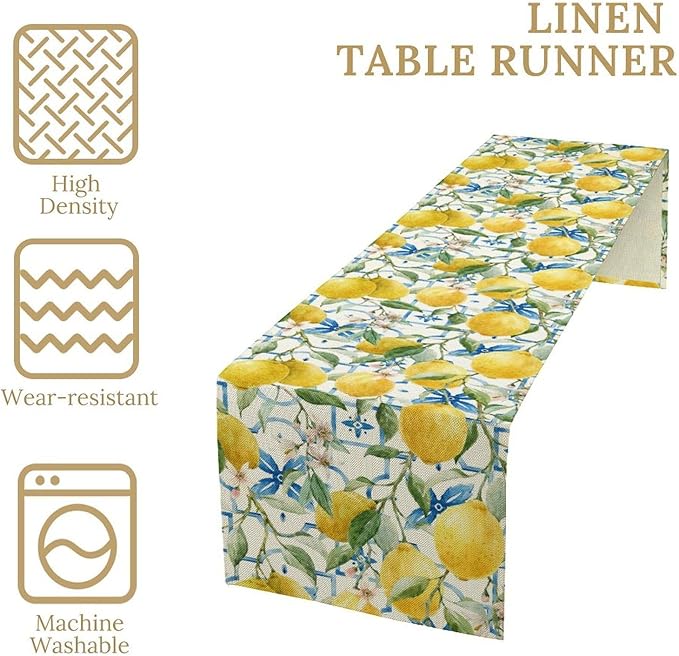 Lemon Table Runner,Watercolor Fruit Green Leaves Spring Summer Table Cloth Kitchen Dining Table Home Party Decoration 13x72 Inch