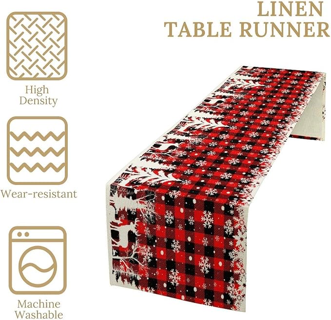 Christmas Table Runner,Red Black Plaid Xmas Snowflakes Deer Trees Print Tablecloth Burlap for Hotel Indoors Outdoor Dining Room Kitchen Home Decor,W13X L90 in