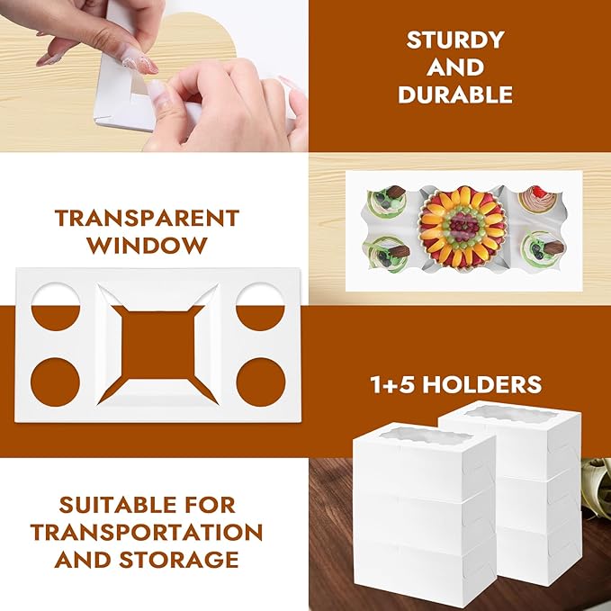 Cupcake Carriers, 10 Pack White Cardboard Boxes with Clear Window