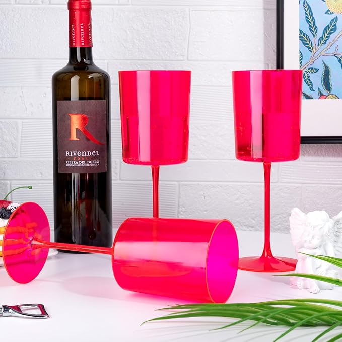 Ciaell 12 Pack Plastic Wine Glasses - 14Oz Hot Pink Plastic Wine Glasses With Stem - Disposable Stemmed Cups for Parties & Weddings