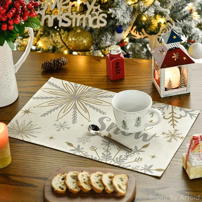 Artoid Mode Beige Snowflake Let It Snow Winter Placemats Set of 2, 12x18 Inch Seasonal Christmas Table Mats for Party Kitchen Dining Decoration